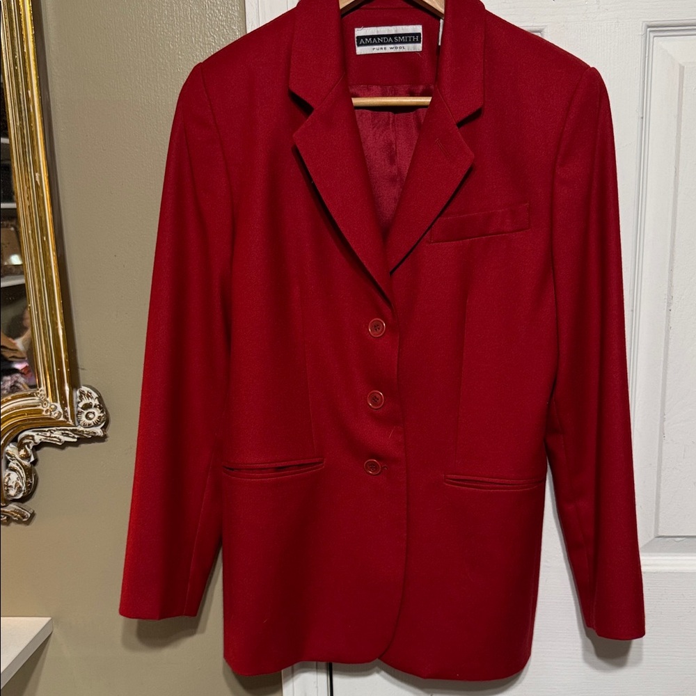 Amanda Smith Women's Bold Red Pure New Wool Suit Jacket Size 8 Chest 20”